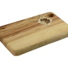 A rectangular wooden cutting board with a light brown and natural wood grain finish. It has a small tag attached to the corner with a string, featuring a logo and text.