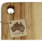 Wooden cheese board with a small hole and a tag attached. The tag has an outline of Australia with the text Lawson Cheese Boards and Handcrafted in Australia. The board has natural wood grain patterns.