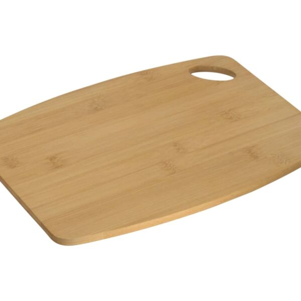 A rectangular wooden cutting board with a smooth surface and rounded edges. There is a small oval hole in one corner, likely for hanging or easy handling. The wood has a natural, light brown finish.