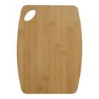 A rectangular bamboo cutting board with rounded edges and a hole in the top left corner for hanging. The board has a smooth, natural wood grain texture.