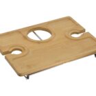 A rectangular bamboo bath tray with notches for holding items. It features a central circular cutout and two additional notches for positioning over a bathtub. Hinged sides can be extended for additional support.