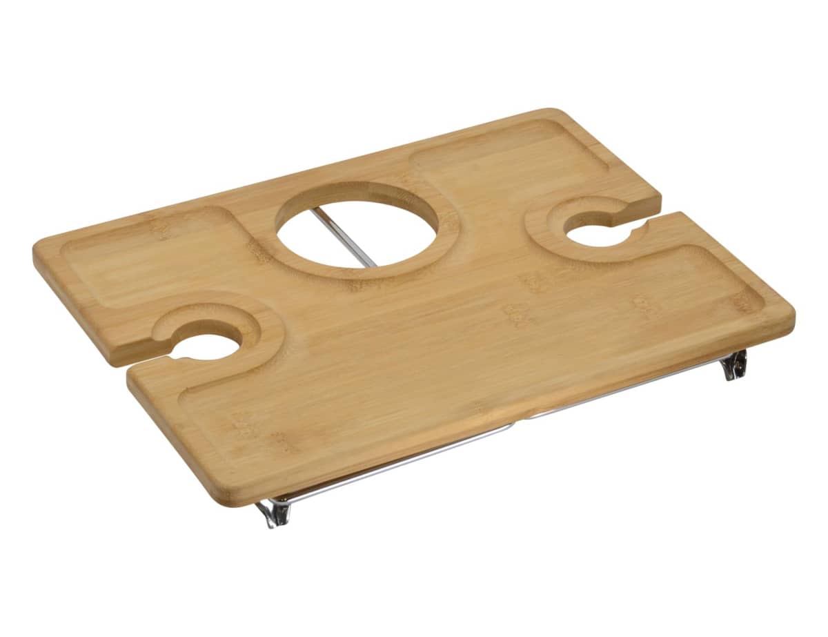 A rectangular bamboo bath tray with notches for holding items. It features a central circular cutout and two additional notches for positioning over a bathtub. Hinged sides can be extended for additional support.