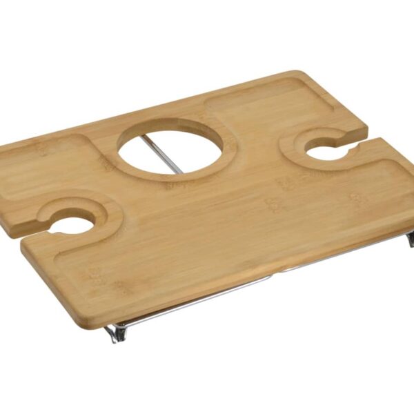 A bamboo wine table with three circular cutouts designed to hold wine glasses and a bottle, featuring a collapsible metal stand underneath for easy transport.