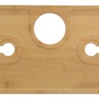 A wooden bath caddy with three circular cutouts designed to hold two wine glasses and a bottle. It has a smooth, natural wood finish.