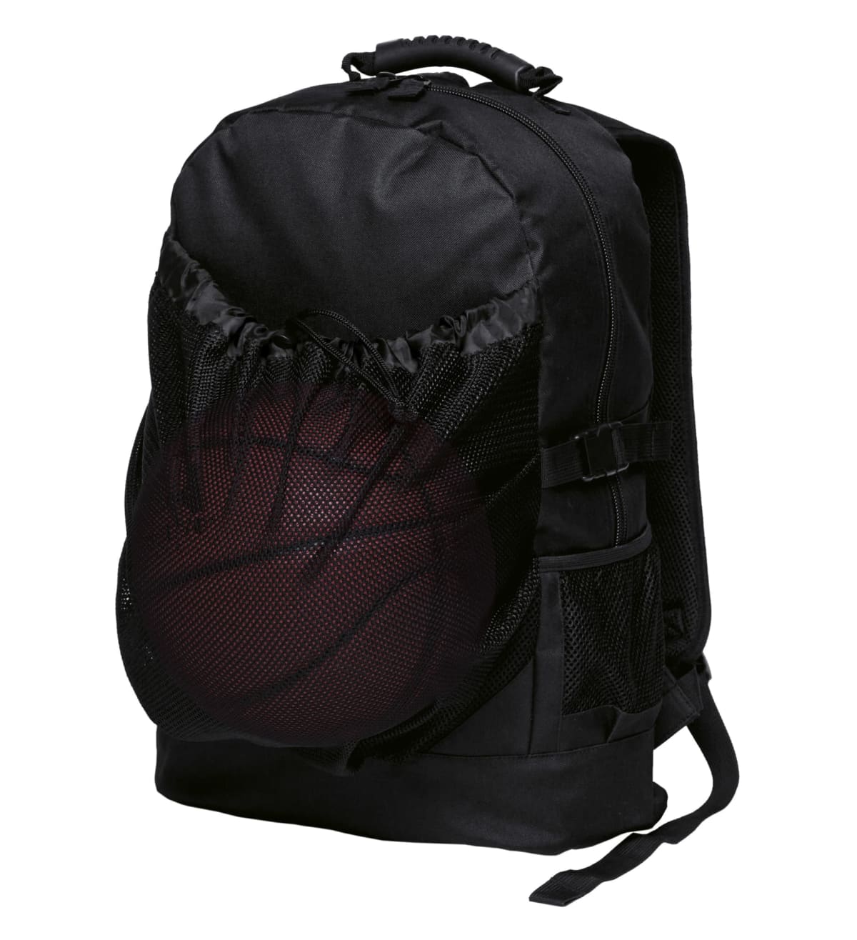 A black backpack with a mesh holder on the front, containing a basketball. The backpack has adjustable shoulder straps, a top handle, and multiple compartments.