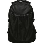 A black backpack with a mesh front pocket, zippered main compartment, and padded shoulder straps.