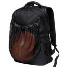 A black backpack with a front mesh pocket holding a basketball. The backpack features adjustable shoulder straps and multiple compartments.