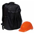 A black backpack with mesh pockets stands next to an orange construction hard hat, placed on a white background.