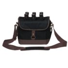 A black and brown insulated cooler bag with a shoulder strap holds three brown glass bottles, visible sticking out of the top flap. The bag is designed for carrying beverages.