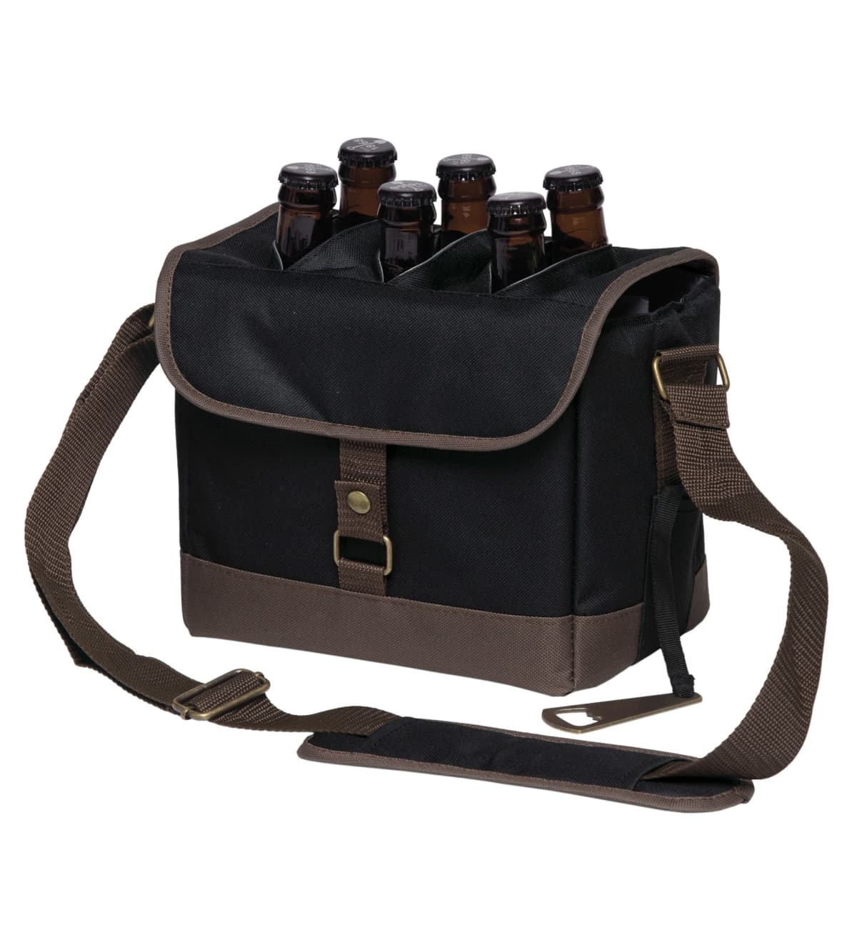 A black and brown insulated cooler bag with a shoulder strap, holding six brown beer bottles in an upright position. The bag has a flap with a button closure and is designed for carrying beverages.