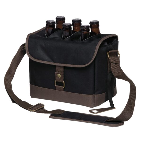 A black and brown insulated shoulder bag holding six glass bottles, with a long adjustable strap and a flap secured by a button.