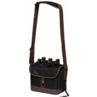 A black and brown insulated shoulder bag holding six beer bottles, with a long adjustable strap and a flap cover with a brass buckle. A bottle opener is attached to the side of the bag.
