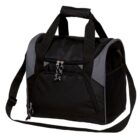Black and gray travel bag with multiple zippers and compartments. It features a long adjustable shoulder strap and two shorter hand straps for carrying.