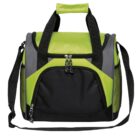 A green and black insulated cooler bag with a zippered front pocket and a detachable shoulder strap. The bag has two sturdy handles on top, and the main compartment is secured with a zipper.