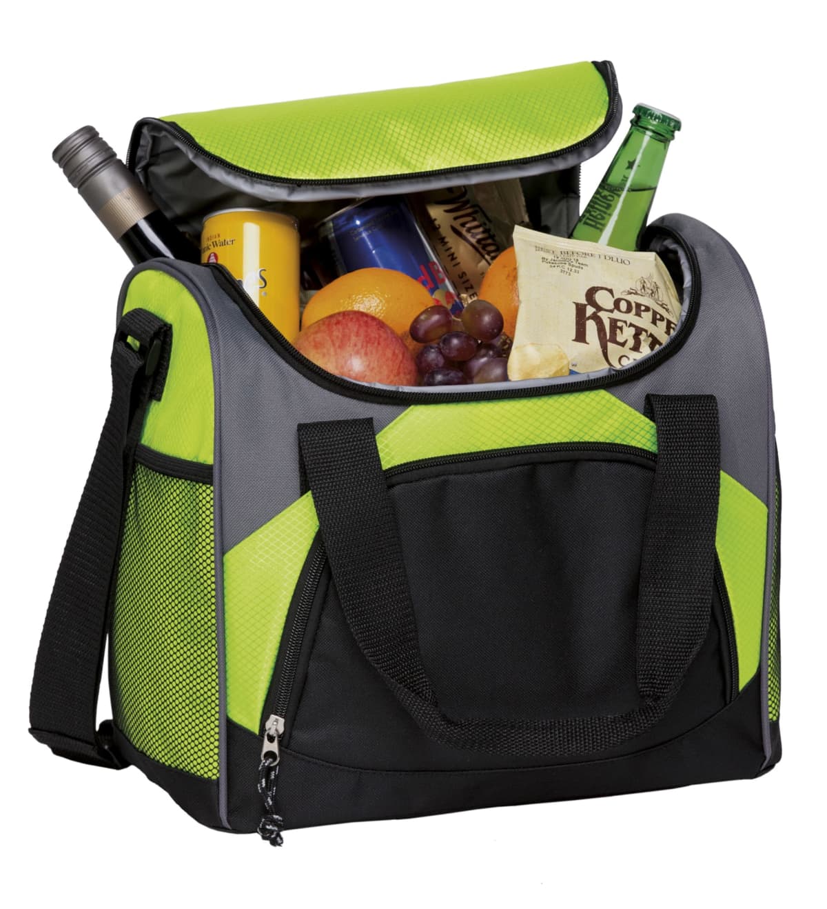 A green and black insulated cooler bag with an open top, filled with various items including wine, a soda can, grapes, an apple, a green glass bottle, and a snack bag labeled Coffee Kettle chips. The bag has handles and a front pocket.