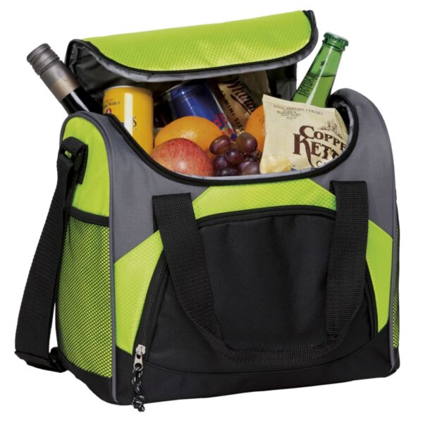 A green and black insulated cooler bag filled with assorted items including a wine bottle, a beer bottle, a can of soda, grapes, an apple, and a bag of Kettle Chips. The bag is open, displaying its contents.