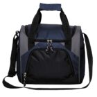 A black and gray duffel bag with a main zippered compartment, an external front pocket, and an adjustable shoulder strap. The bag is standing upright on a plain white background.
