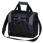 A compact, dark blue and black insulated cooler bag with black adjustable shoulder strap and handles. It features a zippered front pocket and a main compartment with a double zipper, ideal for keeping food and drinks cool.