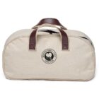 A cream-colored duffel bag with brown leather handles and accents. It features a black zipper on top and a round logo on the front that says Brotherhood Products with a graphic of a record and headphones.