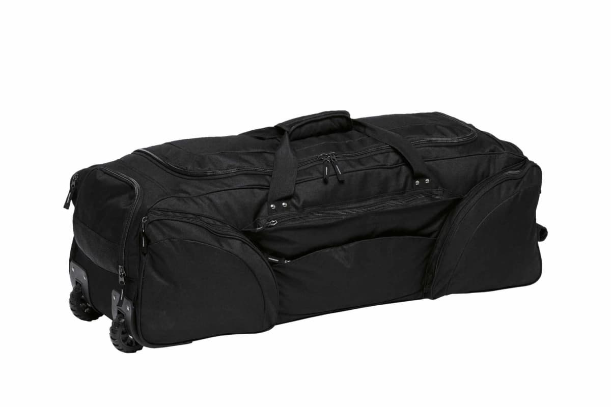 A large black duffel bag with multiple compartments is shown. It has wheels and a retractable handle for easy transport, along with dual carrying straps on top. The bag is set against a white background.