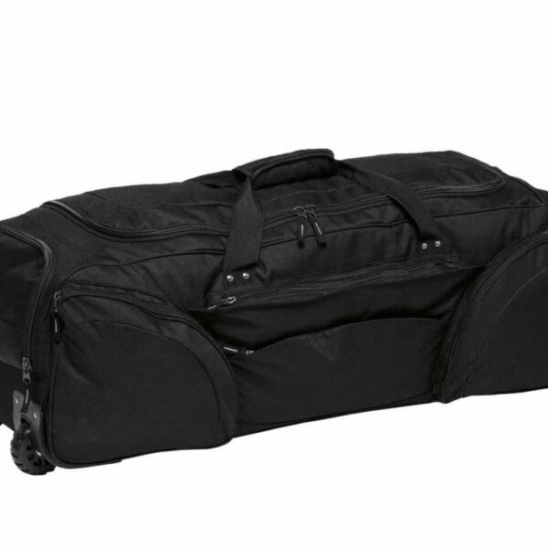 A large black duffel bag with multiple zippered compartments and two wheels on one end. It has sturdy handles on the top for carrying.