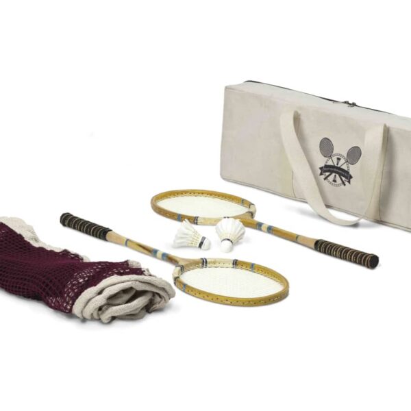 A badminton set including two rackets with wood accents, three shuttlecocks, and a net. The set is accompanied by a white carrying case with a logo featuring two shuttlecocks crossed in front of a net.