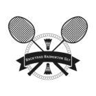 A black and white logo featuring two crossed badminton rackets with a shuttlecock in the center. A ribbon with the text Backyard Badminton Set is displayed below the shuttlecock.