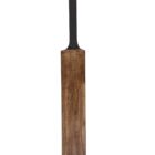 A wooden cricket bat with visible grain patterns and a black handle, standing upright against a white background.