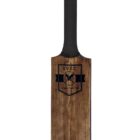 A wooden cricket bat with a black handle. The bat has a logo featuring a cricket ball and crossed bats, along with the letters BYCC, displayed prominently on its front. The background is plain white.