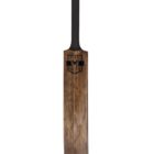 A wooden cricket bat with a black handle and a logo near the top of the blade, featuring crossed bats and a banner with initials. The surface of the bat has visible wood grain.