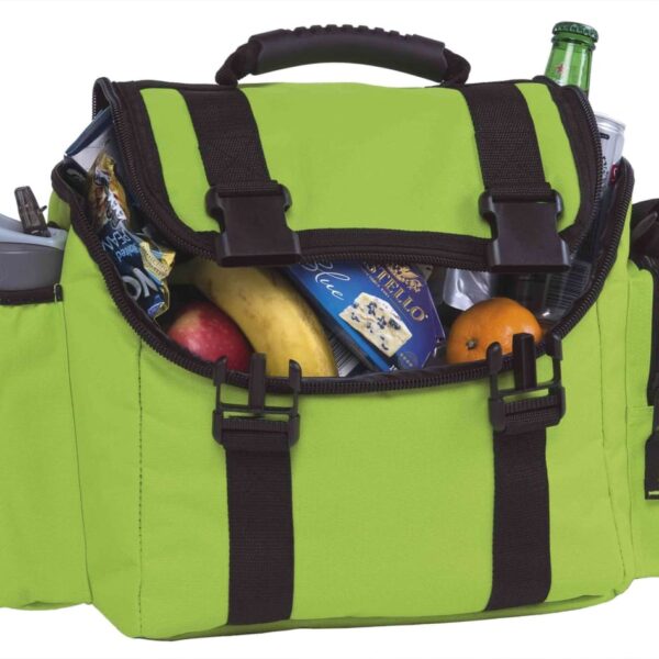 A green insulated lunch bag filled with various items, including a banana, an apple, an orange, a water bottle, and snacks. A soda bottle peeks out from one side pocket, and theres a blue cheese block visible inside.