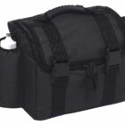 Black tactical bag with multiple pockets, adjustable straps, and a carrying handle. A bottle is tucked into an extended side pocket. The bag has zipper closures and a rugged design, suggesting use for outdoor or travel activities.
