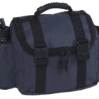 A dark blue tactical bag with black straps and handles. It has multiple compartments and zippers, including two side pockets, one holding a black water bottle. The bags material appears durable, suitable for outdoor use.