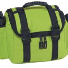 A bright green, rectangular bag with black straps and buckles. It features multiple zipper compartments, a top handle, and side pockets, one holding a black thermos.