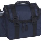 A dark blue and black messenger bag with a top handle, a zippered main compartment, and a front buckle closure. A water bottle is visible in a side pocket. The bag also has adjustable shoulder straps and additional pockets.