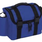 A blue fabric camera bag with black straps and buckles. It features multiple zippers, a top handle, and a side pocket with a white water bottle.