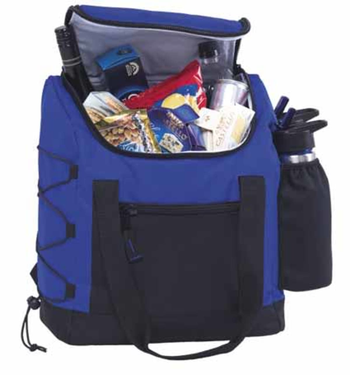 A blue and black cooler bag filled with various snack packages, a bottle, and a thermos. The bag features a front pocket, carrying handles, and side pockets.