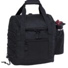 A black insulated lunch bag with dual handles, several zippered pockets, and adjustable side straps. It has a mesh side pocket holding a stainless steel water bottle with a red cap. The bag is square-shaped with a sturdy appearance.