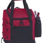 A red and black insulated cooler bag with a front zippered pocket, side bottle holder, and adjustable shoulder strap. The main compartment has a double zipper, and the side is adorned with bungee cords.