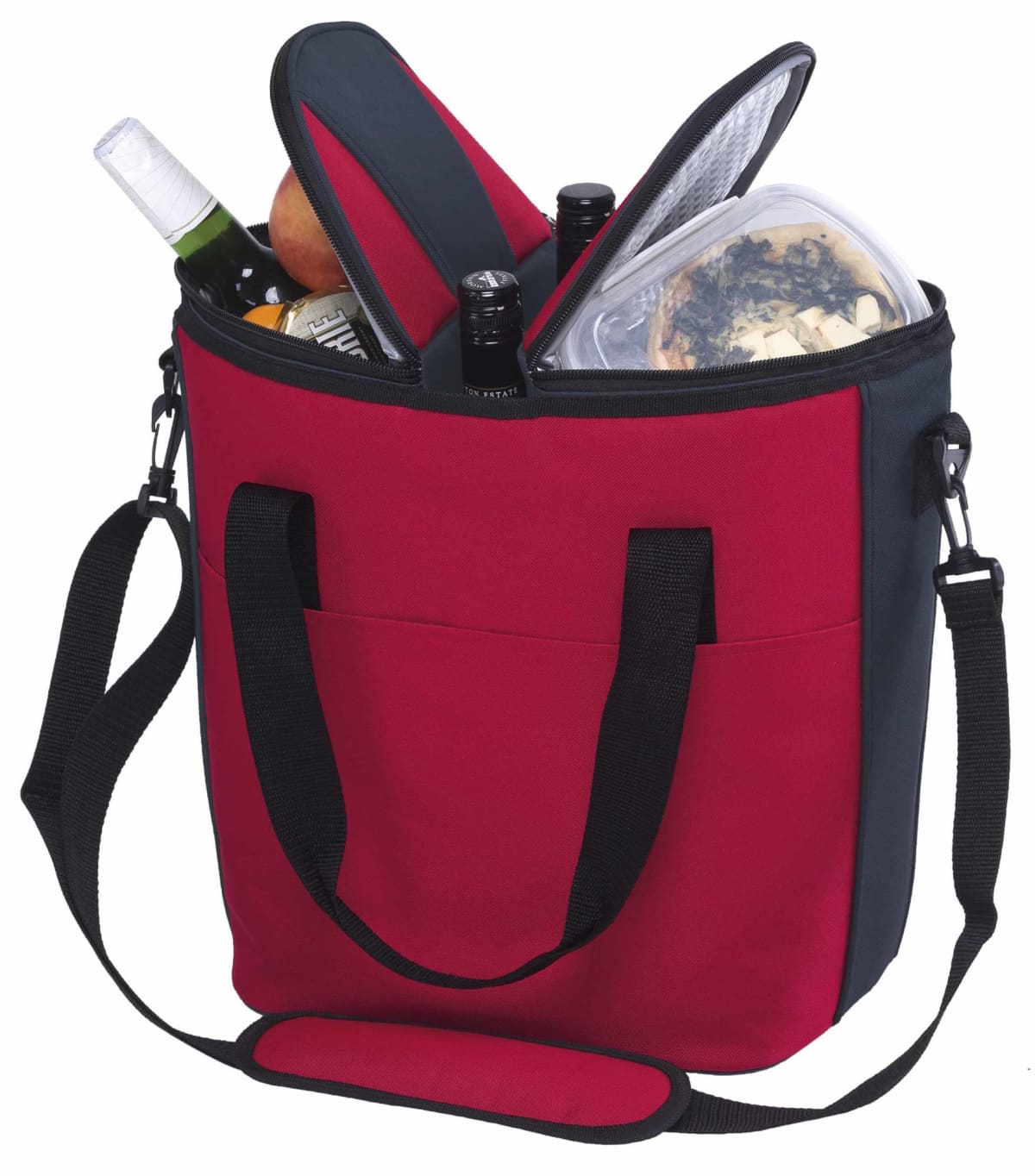 A red and black insulated tote bag filled with items, including a wine bottle, drink bottle, plastic food container, apple, and a folded umbrella. The bag has black handles and an adjustable shoulder strap.