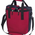 A red and black soft-sided cooler bag with a shoulder strap and two handles. The top is partially unzipped, showing a glimpse of a bottle inside. The bag also has an exterior pocket.
