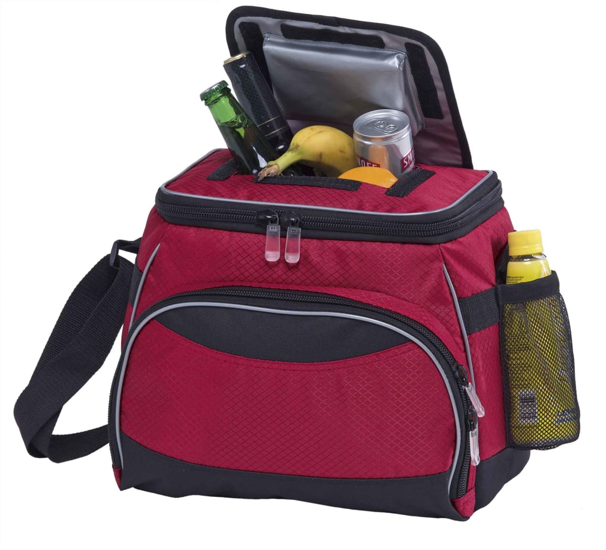A red and black insulated cooler bag with a shoulder strap, partially open to reveal a green bottle, a banana, and a can inside. A yellow bottle is in the side mesh pocket. The coolers lid is slightly open.