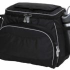 A black insulated cooler bag with multiple zippered compartments and a mesh side pocket holding a stainless steel bottle. The bag has a textured design and an adjustable shoulder strap.