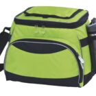 A lime green and black insulated lunch bag with a front pocket and a mesh side pocket holding a water bottle. It features a top zipper with clear pulls and an adjustable black shoulder strap.