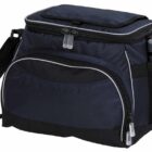 A black insulated lunch bag with a shoulder strap, front zipper pocket, and two main compartments. A gray water bottle is in the mesh side pocket.