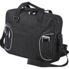 A black laptop bag with a shoulder strap. It features two front pockets, each holding a pen. One pocket also contains a mobile phone. The bag has a zippered main compartment and two handles on top.
