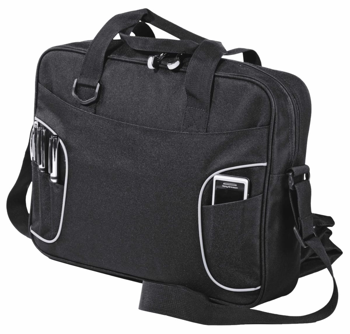A black laptop bag with a shoulder strap. It features two front pockets, each holding a pen. One pocket also contains a mobile phone. The bag has a zippered main compartment and two handles on top.