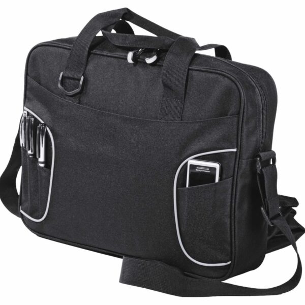 A black laptop bag with two external pockets, one holding pens and the other a phone. It features a shoulder strap and two handles, with white accents along the pockets.