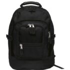 A black backpack with multiple zippered compartments and adjustable side straps. It features a padded handle on top and a sleek design, suitable for school or travel.