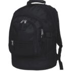A black backpack with multiple zippered compartments, a padded handle, and adjustable shoulder straps. The design is simple and functional with silver zipper pulls and a side pocket.